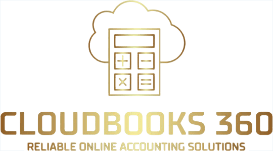 A gold cloud icon with database symbols above the text "CLOUDBOOKS 360" and "RELIABLE ONLINE ACCOUNTING SOLUTIONS.